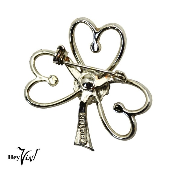 Vintage Beatrix Signed Shamrock Heart Pin Brooch Green Rhinestone 1.5" - Hey Viv - Picture 3 of 5
